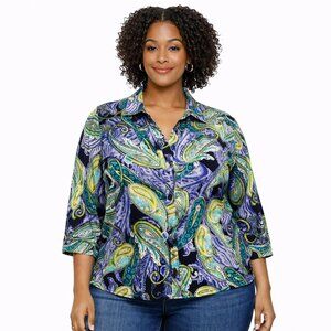 212 Collection Blue & Green Paisley Blouse | Plus Size 1X | Button-Front Top